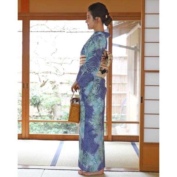 レトロ☆明るい青に花柄の絞り浴衣 SOUBIEN 浴衣 レディース セット レトロ 作り帯 3点セット 浴衣