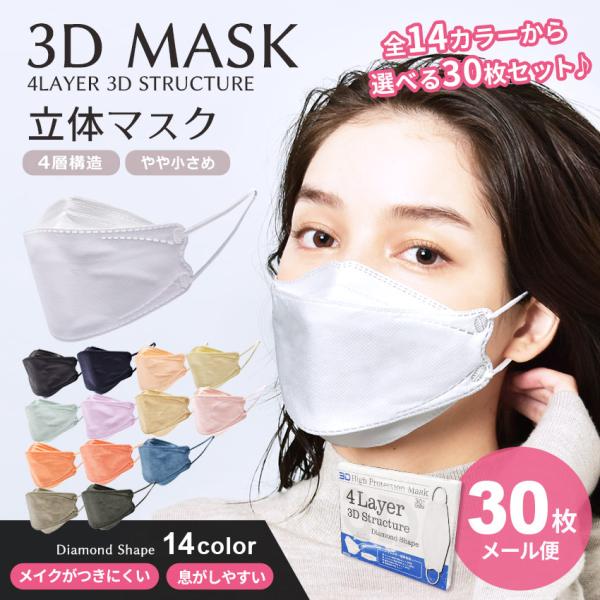ネコポス配送） マスク 不織布 3D立体 カラー レディース 30枚