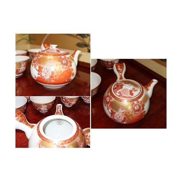 茶道具 十客茶器揃（急須・碗10ヶ入） 九谷焼 本金赤牡丹孔雀 錦苑作 