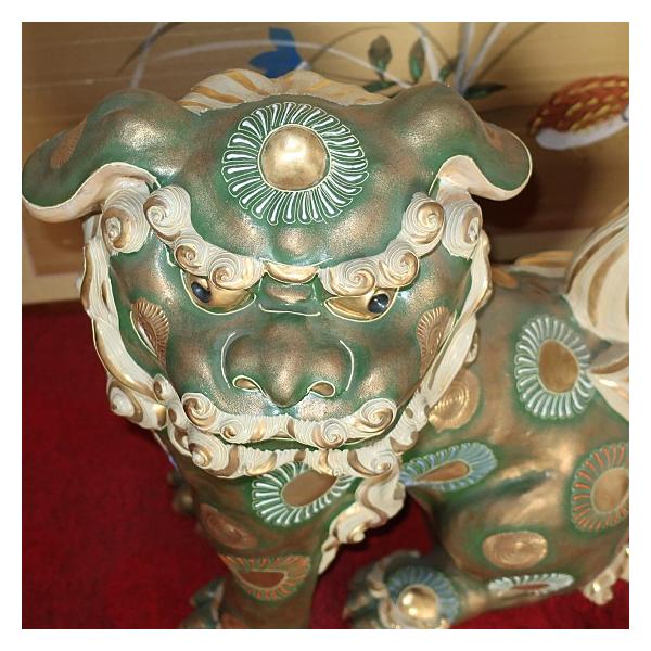 縁起置物 狛犬（一対）シーサー 九谷焼 緑彩 魔除け・除災の守り神
